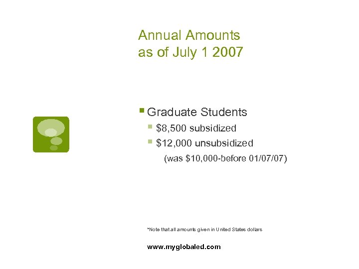 Annual Amounts as of July 1 2007 § Graduate Students § $8, 500 subsidized