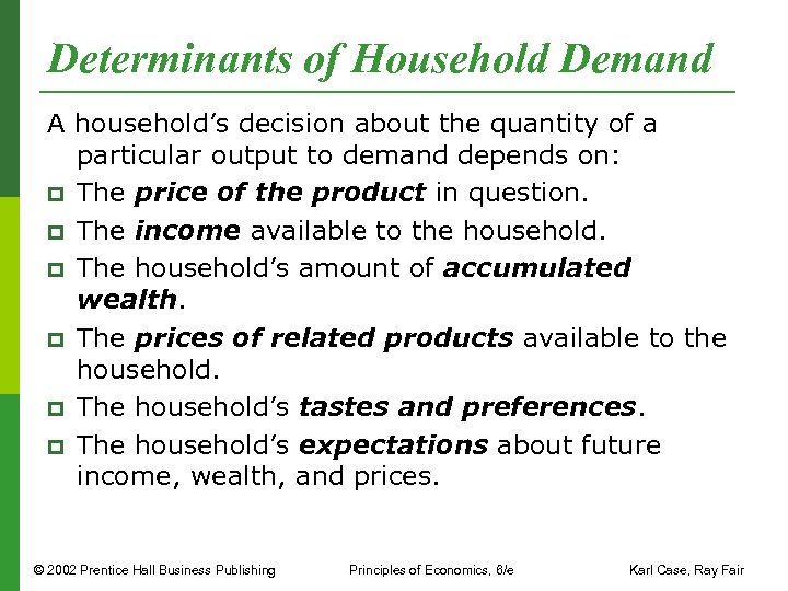 Determinants of Household Demand A household’s decision about the quantity of a particular output