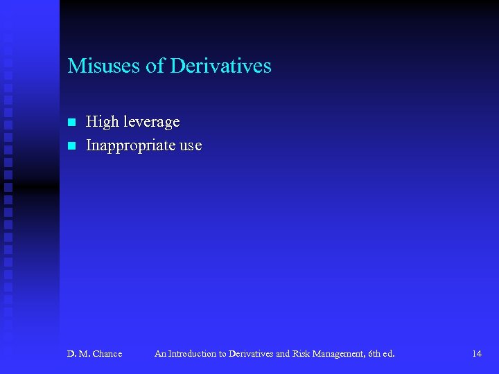 Misuses of Derivatives n n High leverage Inappropriate use D. M. Chance An Introduction