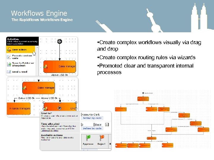 Workflows Engine The Rapidflows Workflows Engine • Create complex workflows visually via drag and
