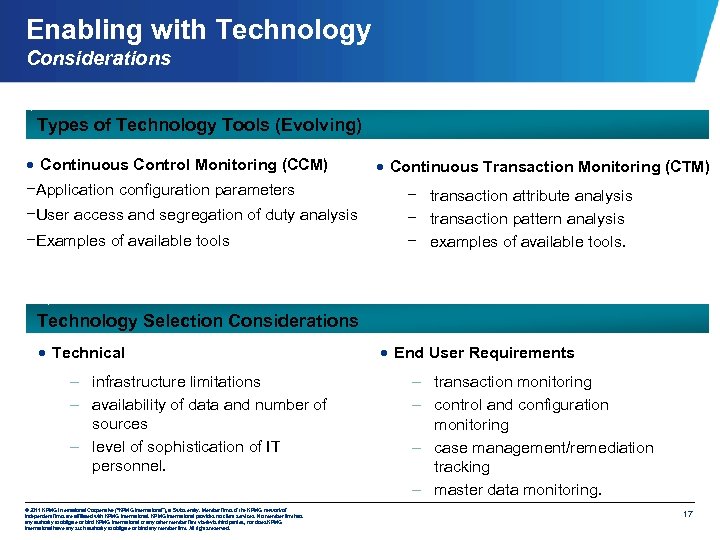 Enabling with Technology Considerations Types of Technology Tools (Evolving) · Continuous Control Monitoring (CCM)