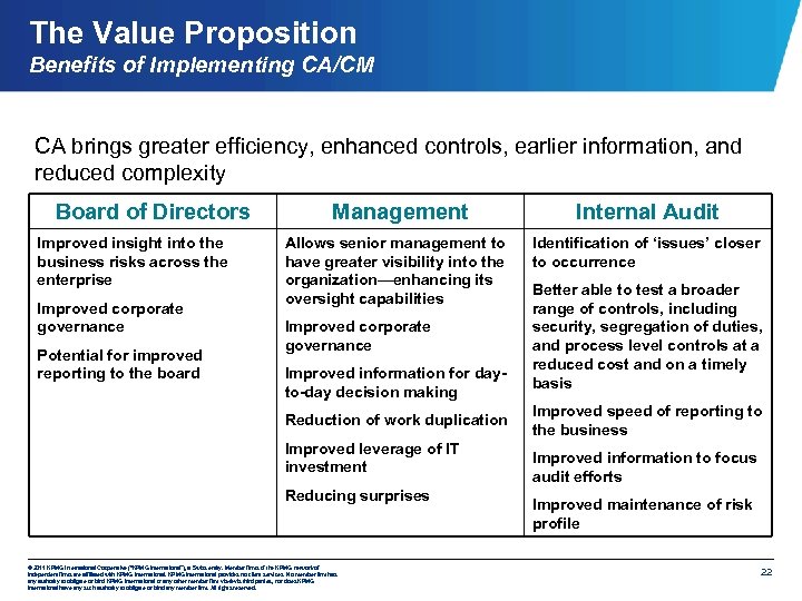The Value Proposition Benefits of Implementing CA/CM CA brings greater efficiency, enhanced controls, earlier