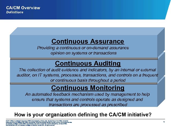 CA/CM Overview Definitions Continuous Assurance Providing a continuous or on-demand assurance opinion on systems