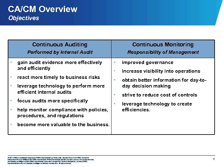 CA/CM Overview Objectives Continuous Auditing Performed by Internal Audit • Continuous Monitoring Responsibility of