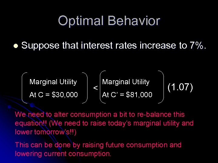 Optimal Behavior l Suppose that interest rates increase to 7%. Marginal Utility At C