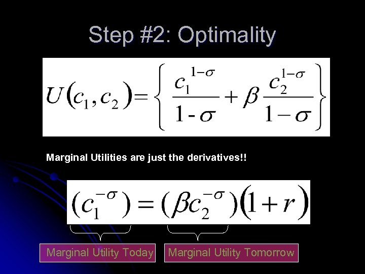 Step #2: Optimality Marginal Utilities are just the derivatives!! Marginal Utility Today Marginal Utility