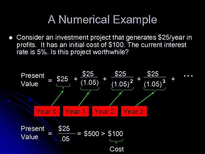 A Numerical Example l Consider an investment project that generates $25/year in profits. It