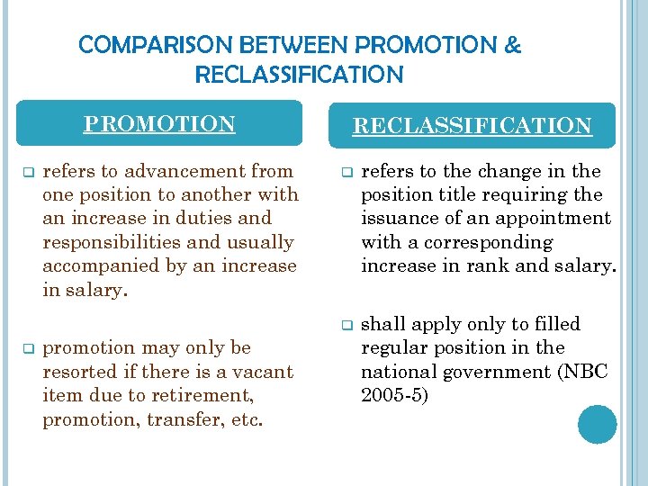 COMPARISON BETWEEN PROMOTION & RECLASSIFICATION PROMOTION q promotion may only be resorted if there