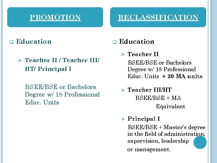 PROMOTION q Education Ø Teacher II / Teacher III/ HT/ Principal I BSEE/BSE or