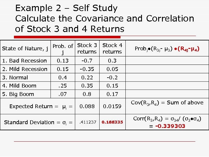 Example 2 – Self Study Calculate the Covariance and Correlation of Stock 3 and