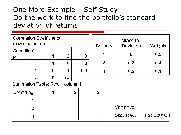One More Example – Self Study Do the work to find the portfolio’s standard