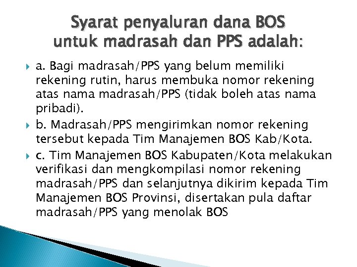 Syarat penyaluran dana BOS untuk madrasah dan PPS adalah: a. Bagi madrasah/PPS yang belum