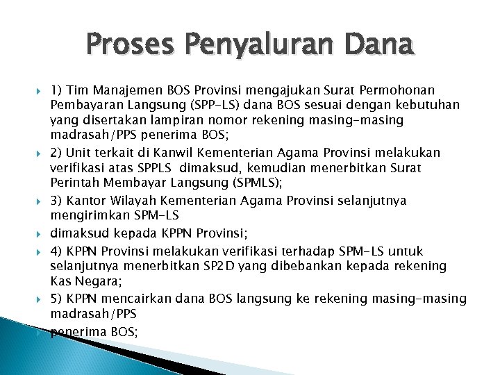 Proses Penyaluran Dana 1) Tim Manajemen BOS Provinsi mengajukan Surat Permohonan Pembayaran Langsung (SPP-LS)