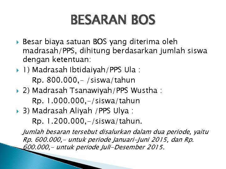 BESARAN BOS Besar biaya satuan BOS yang diterima oleh madrasah/PPS, dihitung berdasarkan jumlah siswa
