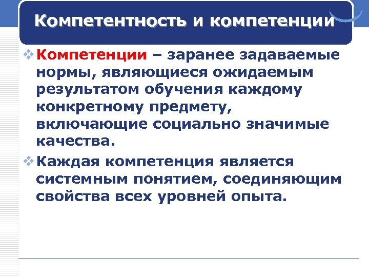 Компетентность и компетенции v Компетенции – заранее задаваемые нормы, являющиеся ожидаемым результатом обучения каждому