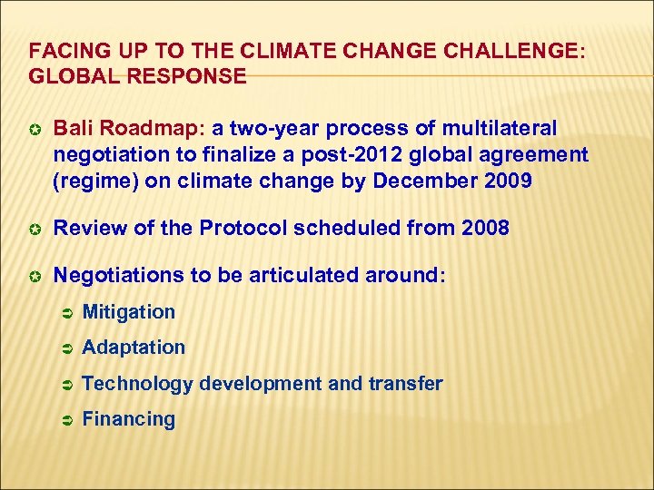 FACING UP TO THE CLIMATE CHANGE CHALLENGE: GLOBAL RESPONSE µ Bali Roadmap: a two-year