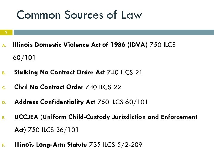 Common Sources of Law 2 A. Illinois Domestic Violence Act of 1986 (IDVA) 750