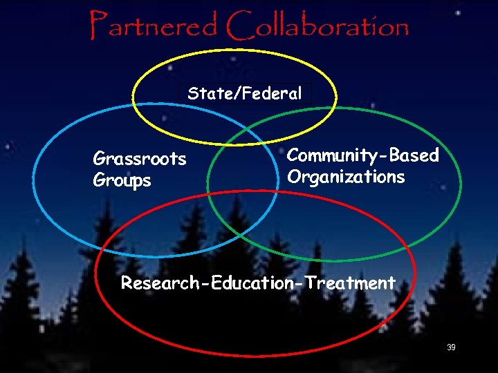 Partnered Collaboration State/Federal Grassroots Groups Community-Based Organizations Research-Education-Treatment 39 