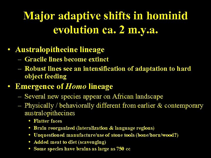 Major adaptive shifts in hominid evolution ca. 2 m. y. a. • Australopithecine lineage