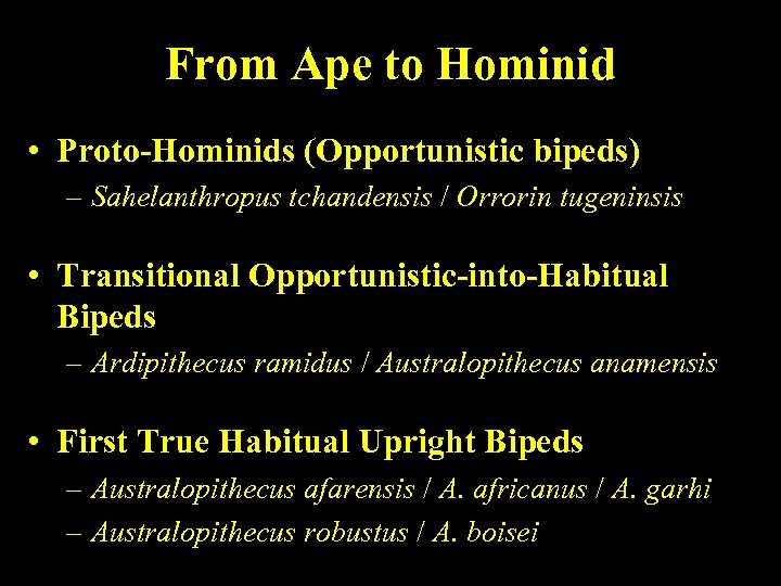 From Ape to Hominid • Proto-Hominids (Opportunistic bipeds) – Sahelanthropus tchandensis / Orrorin tugeninsis