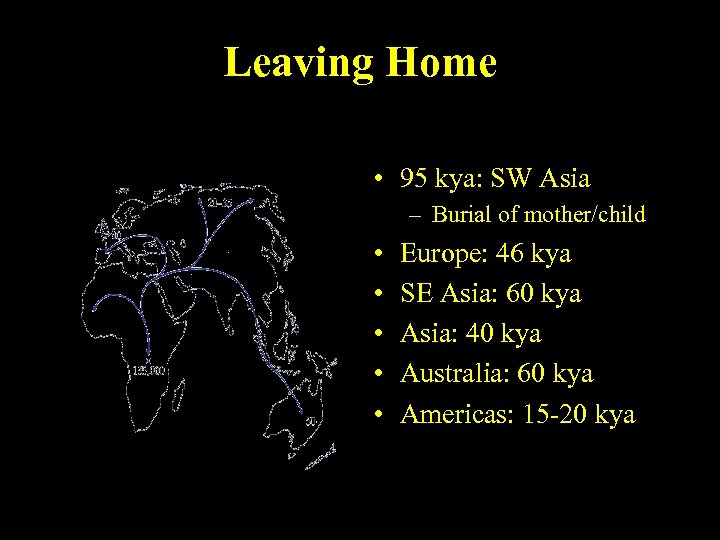 Leaving Home • 95 kya: SW Asia – Burial of mother/child • • •