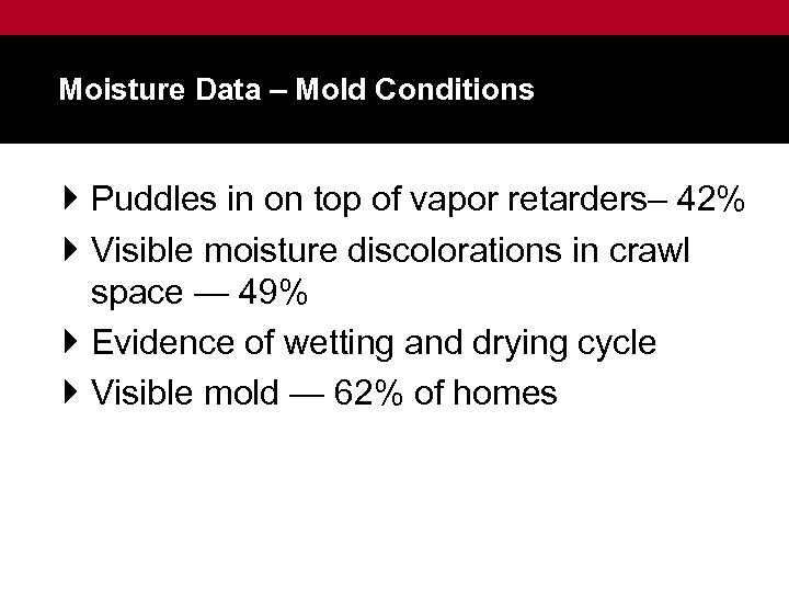 Moisture Data – Mold Conditions } Puddles in on top of vapor retarders– 42%