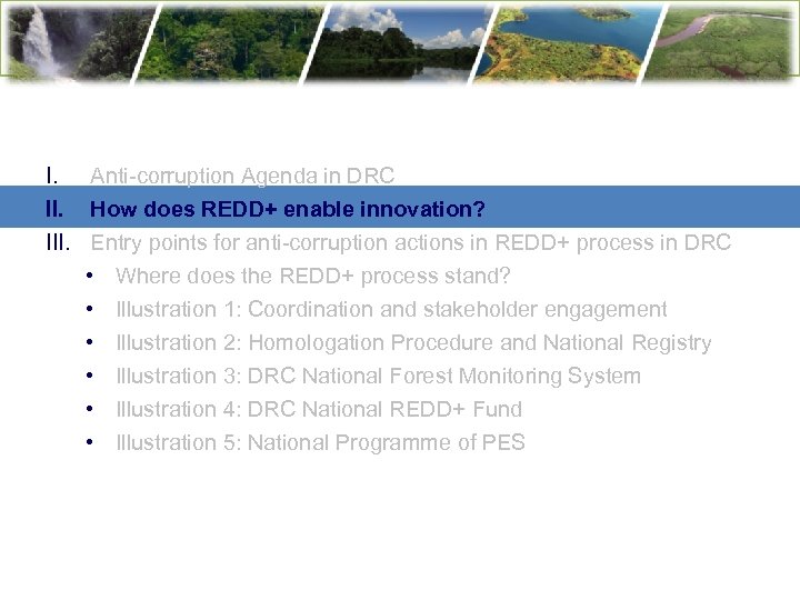 I. Anti-corruption Agenda in DRC II. How does REDD+ enable innovation? III. Entry points