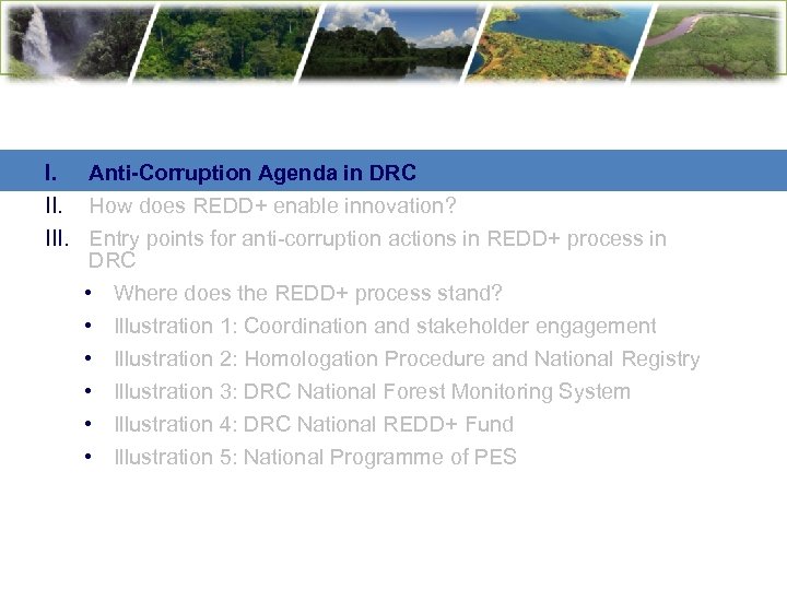 I. Anti-Corruption Agenda in DRC II. How does REDD+ enable innovation? III. Entry points