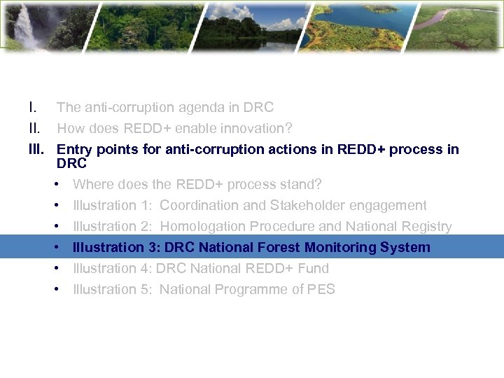 I. The anti-corruption agenda in DRC II. How does REDD+ enable innovation? III. Entry