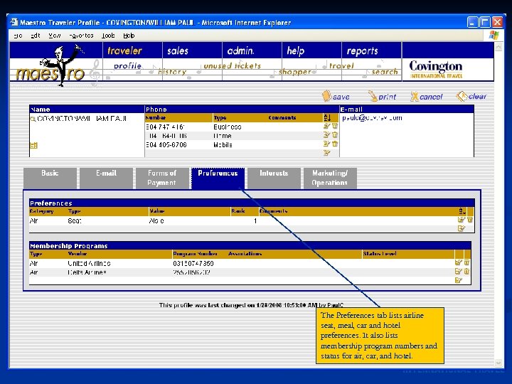 The Preferences tab lists airline seat, meal, car and hotel preferences. It also lists