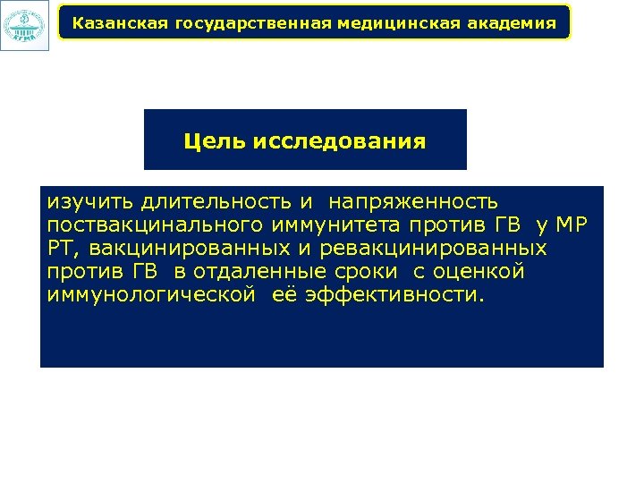 Казанская государственная медицинская академия Цель исследования изучить длительность и напряженность поствакцинального иммунитета против ГВ