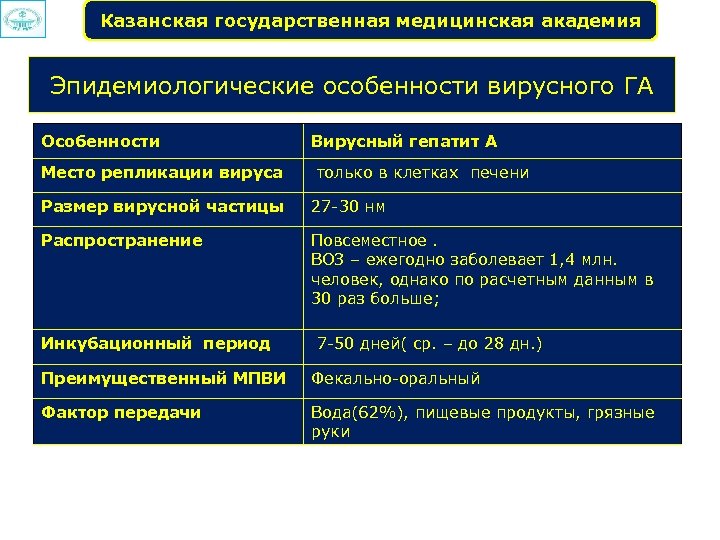 Казанская государственная медицинская академия Эпидемиологические особенности вирусного ГА Особенности Вирусный гепатит А Место репликации
