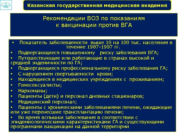 Казанская государственная медицинская академия Рекомендации ВОЗ по показаниям к вакцинации против ВГА Показатель заболеваемости
