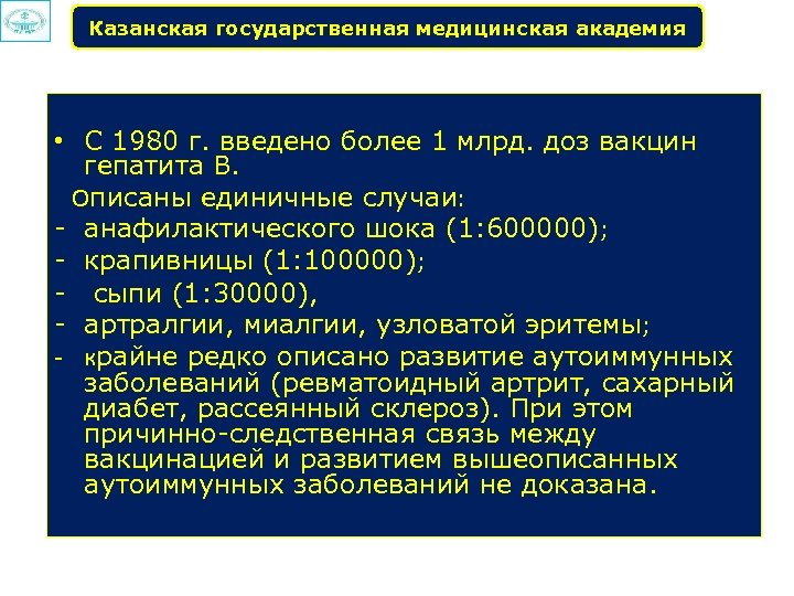 Казанская государственная медицинская академия • С 1980 г. введено более 1 млрд. доз вакцин