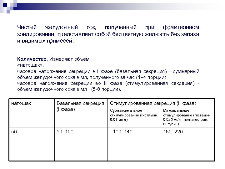 Чистый желудочный сок, полученный при фракционном зондировании, представляет собой бесцветную жидкость без запаха и