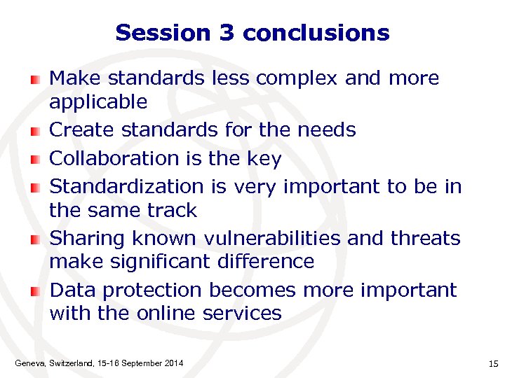 Session 3 conclusions Make standards less complex and more applicable Create standards for the