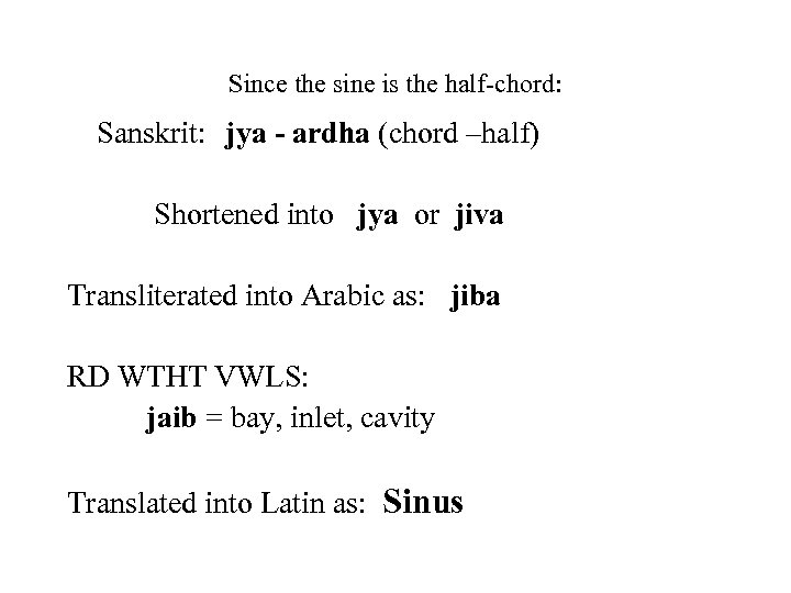 Since the sine is the half-chord: Sanskrit: jya - ardha (chord –half) Shortened into