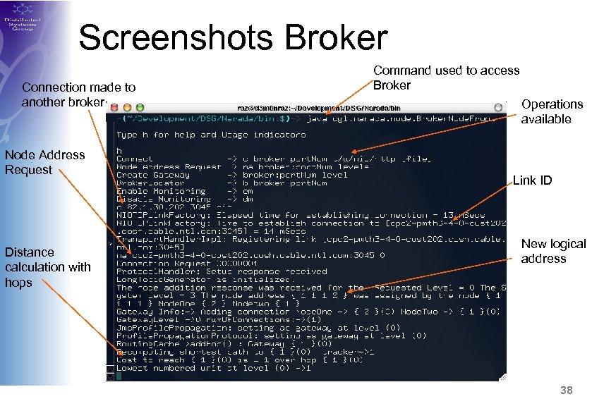 Screenshots Broker Connection made to another broker Node Address Request Distance calculation with hops