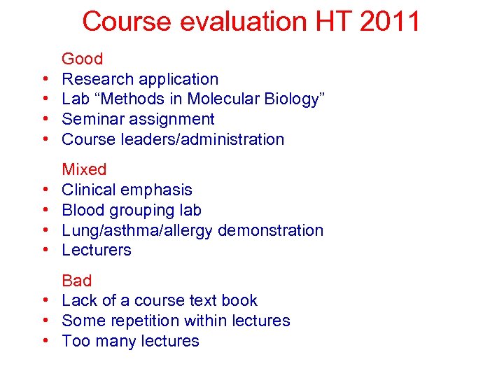 Course evaluation HT 2011 • • Good Research application Lab “Methods in Molecular Biology”