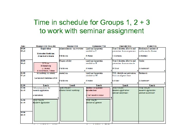 Time in schedule for Groups 1, 2 + 3 to work with seminar assignment