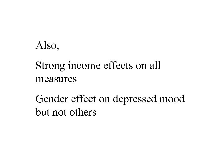 Also, Strong income effects on all measures Gender effect on depressed mood but not