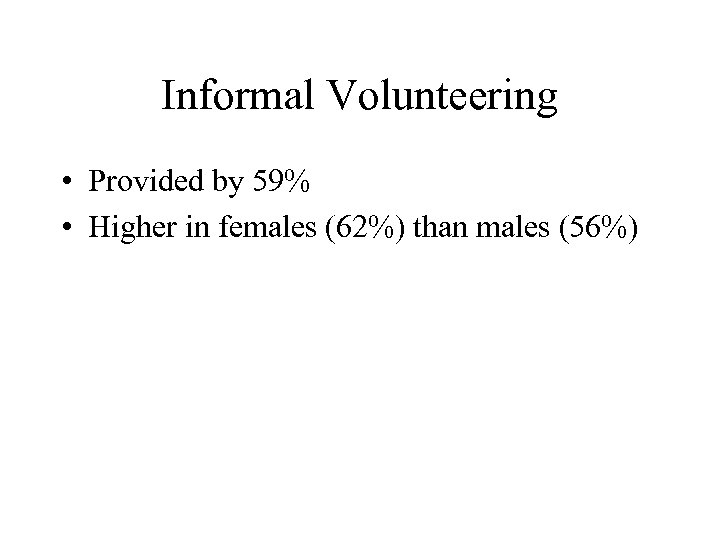 Informal Volunteering • Provided by 59% • Higher in females (62%) than males (56%)