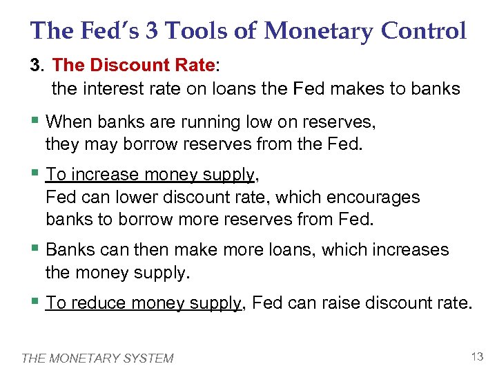 The Fed’s 3 Tools of Monetary Control 3. The Discount Rate: the interest rate