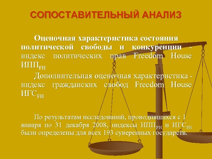 СОПОСТАВИТЕЛЬНЫЙ АНАЛИЗ Оценочная характеристика состояния политической свободы и конкуренции индекс политических прав Freedom House