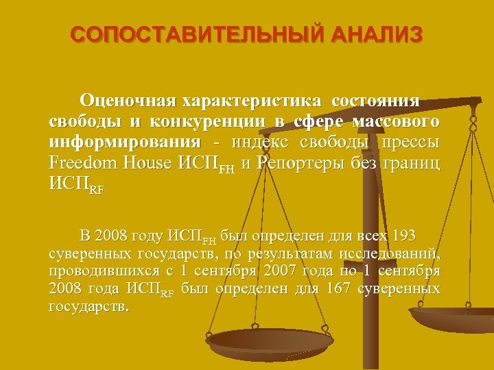 СОПОСТАВИТЕЛЬНЫЙ АНАЛИЗ Оценочная характеристика состояния свободы и конкуренции в сфере массового информирования - индекс