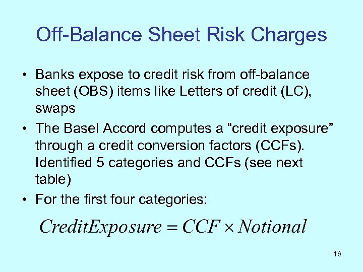Off-Balance Sheet Risk Charges • Banks expose to credit risk from off-balance sheet (OBS)
