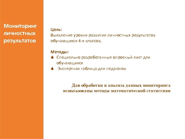 Мониторинг личностных результатов Цель: Выявление уровня развития личностных результатов обучающихся 4 -х классов. Методы: