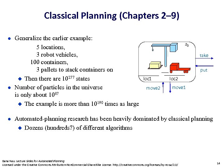 Classical Planning (Chapters 2– 9) Generalize the earlier example: 5 locations, 3 robot vehicles,