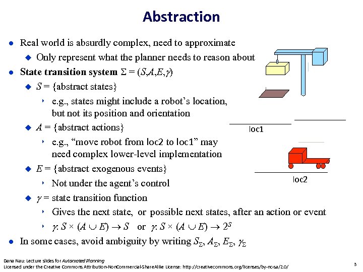 Abstraction Real world is absurdly complex, need to approximate Only represent what the planner