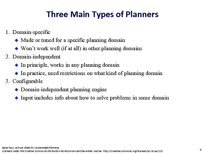 Three Main Types of Planners 1. Domain-specific Made or tuned for a specific planning